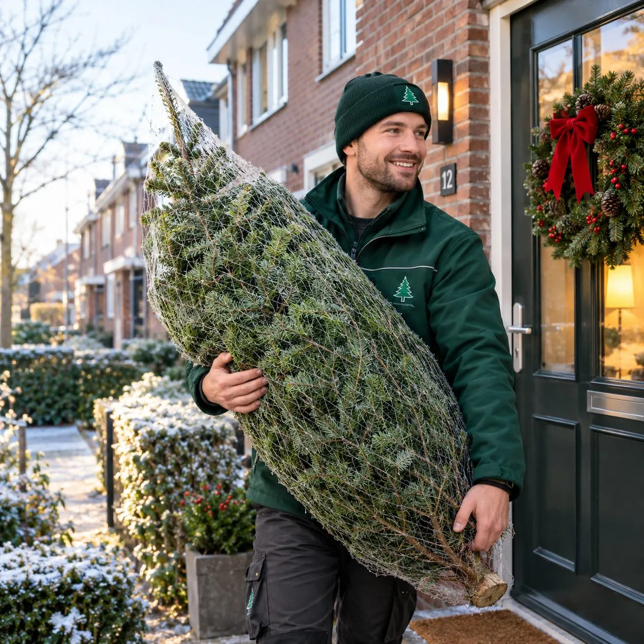 Bezorger van KerstboomThuis.nl brengt een verse kerstboom tot aan de voordeur